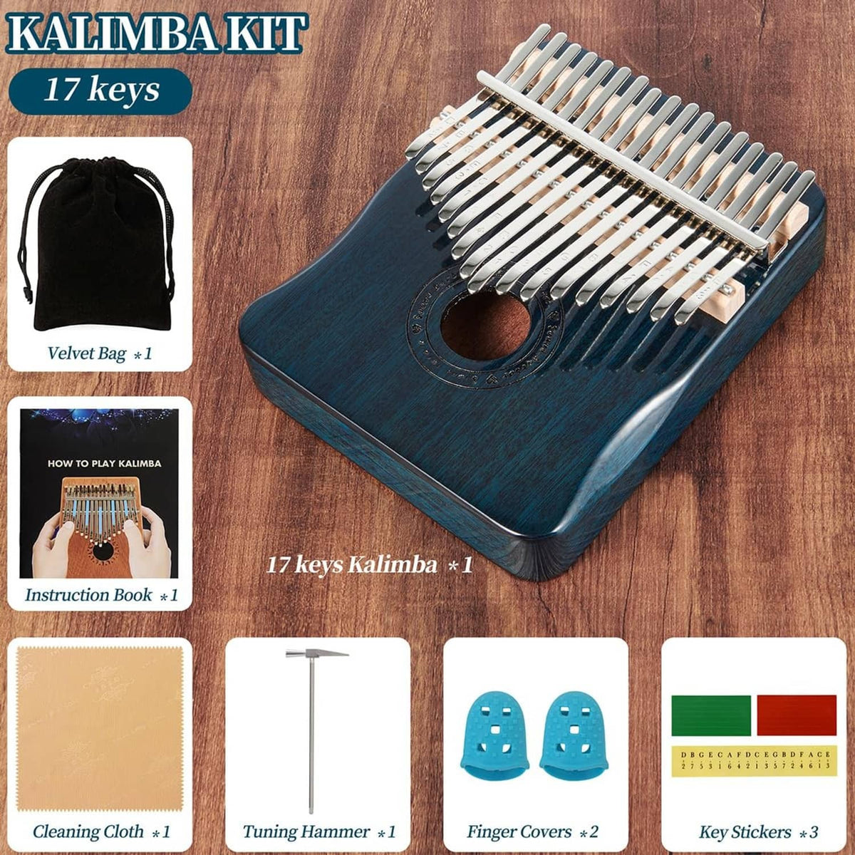 Blue 17-key kalimba kit with velvet bag and instruction book, plus tuning tools