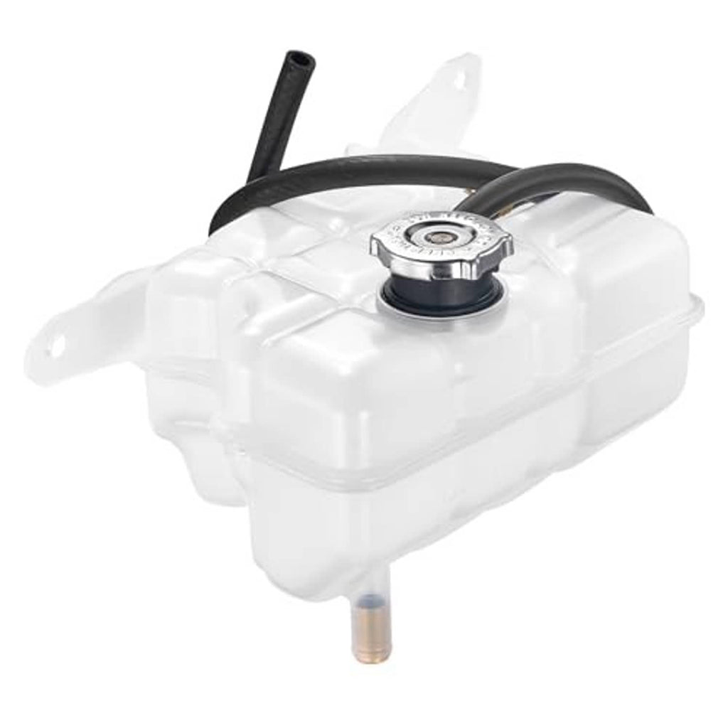 Engine coolant expansion overflow tank with black inlet hose and metal cap