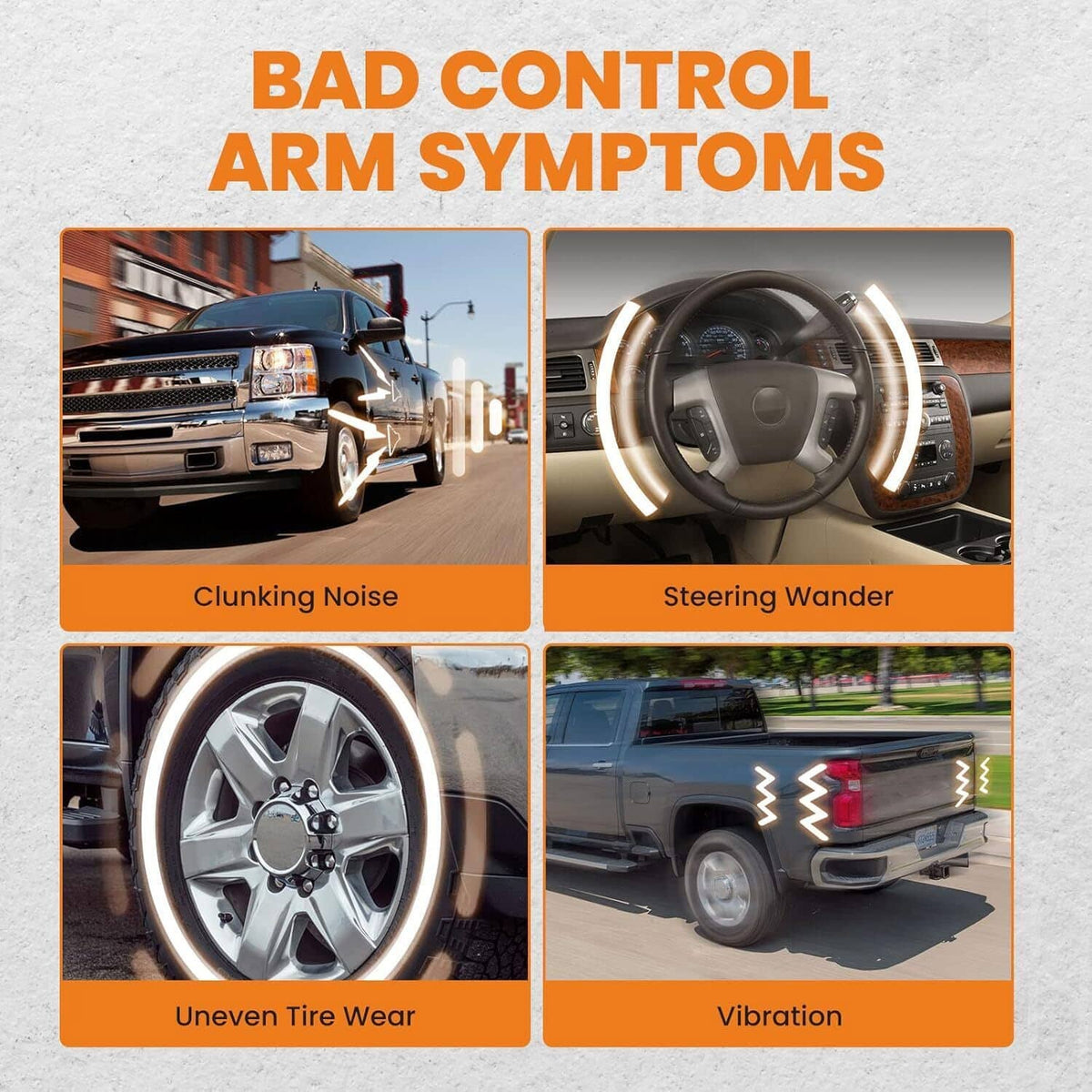 Bad control arm symptoms graphic with vehicle and steering wheel, plus tire wear and vibration
