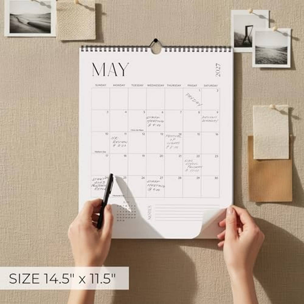 May wall calendar with spiral binding and date grid, shown with size 14.5 x 11.5 in