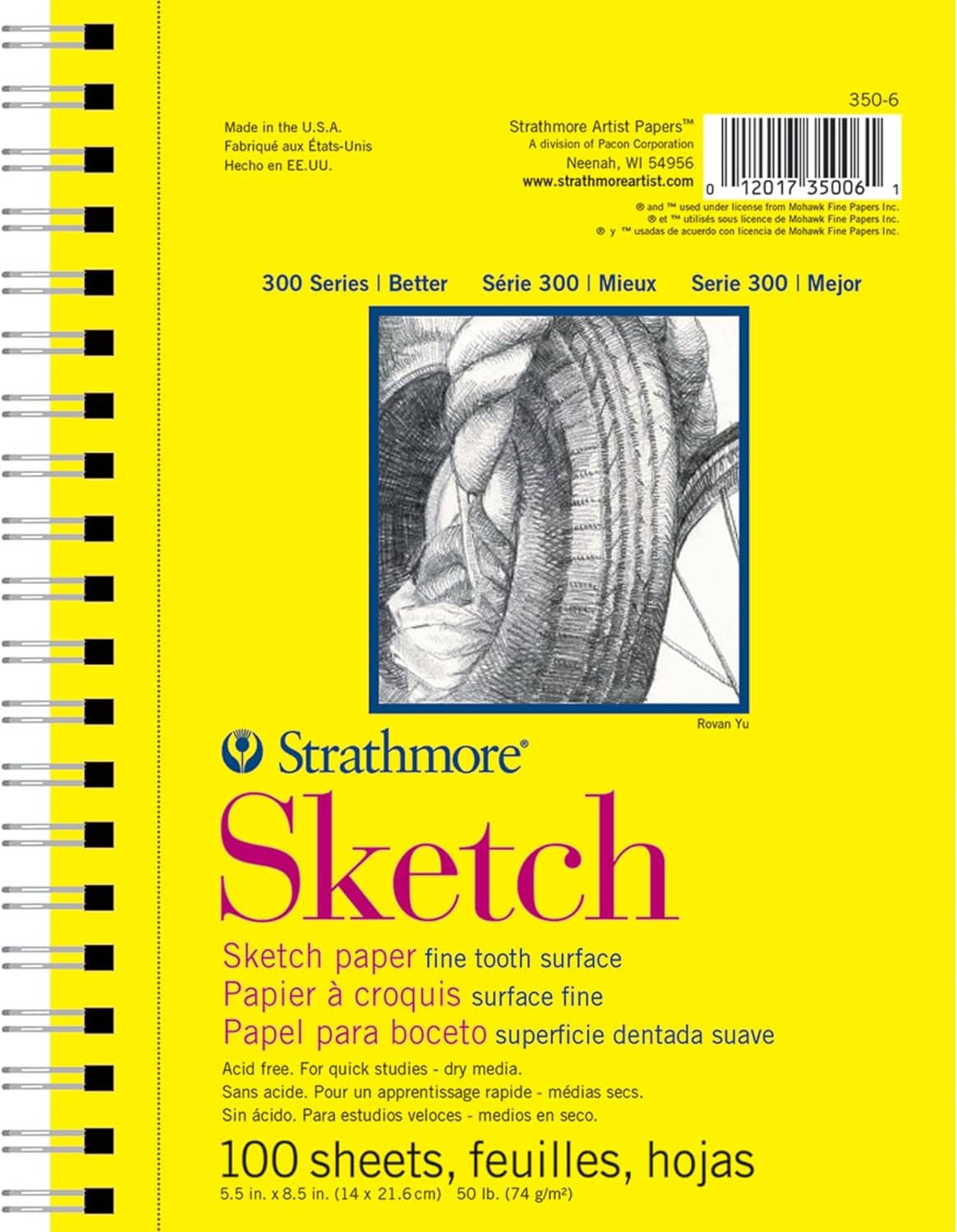 Yellow spiral-bound sketch pad with illustrated cover and sketch paper image
