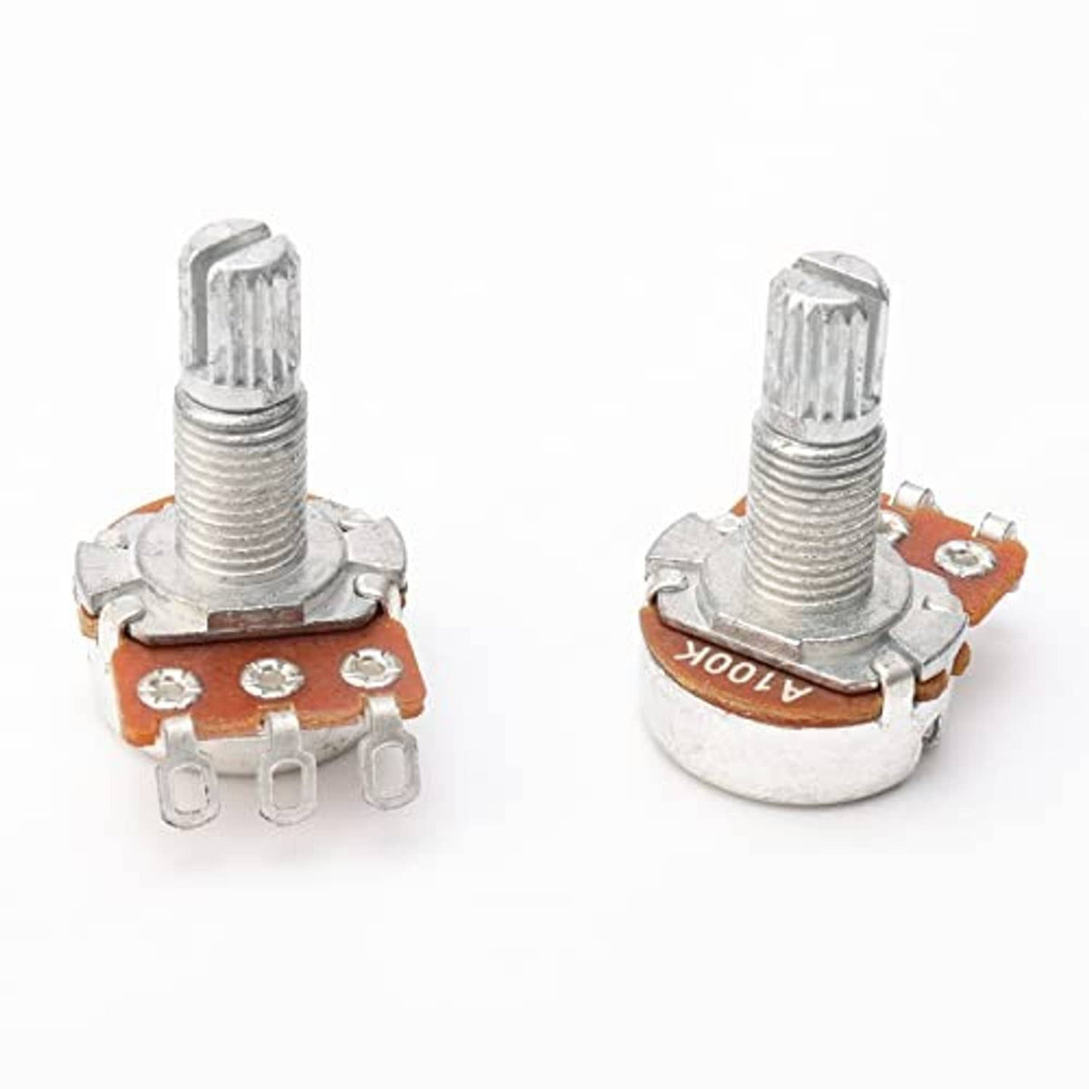 Two electric guitar potentiometers shown from front with metal split shaft and terminal pins
