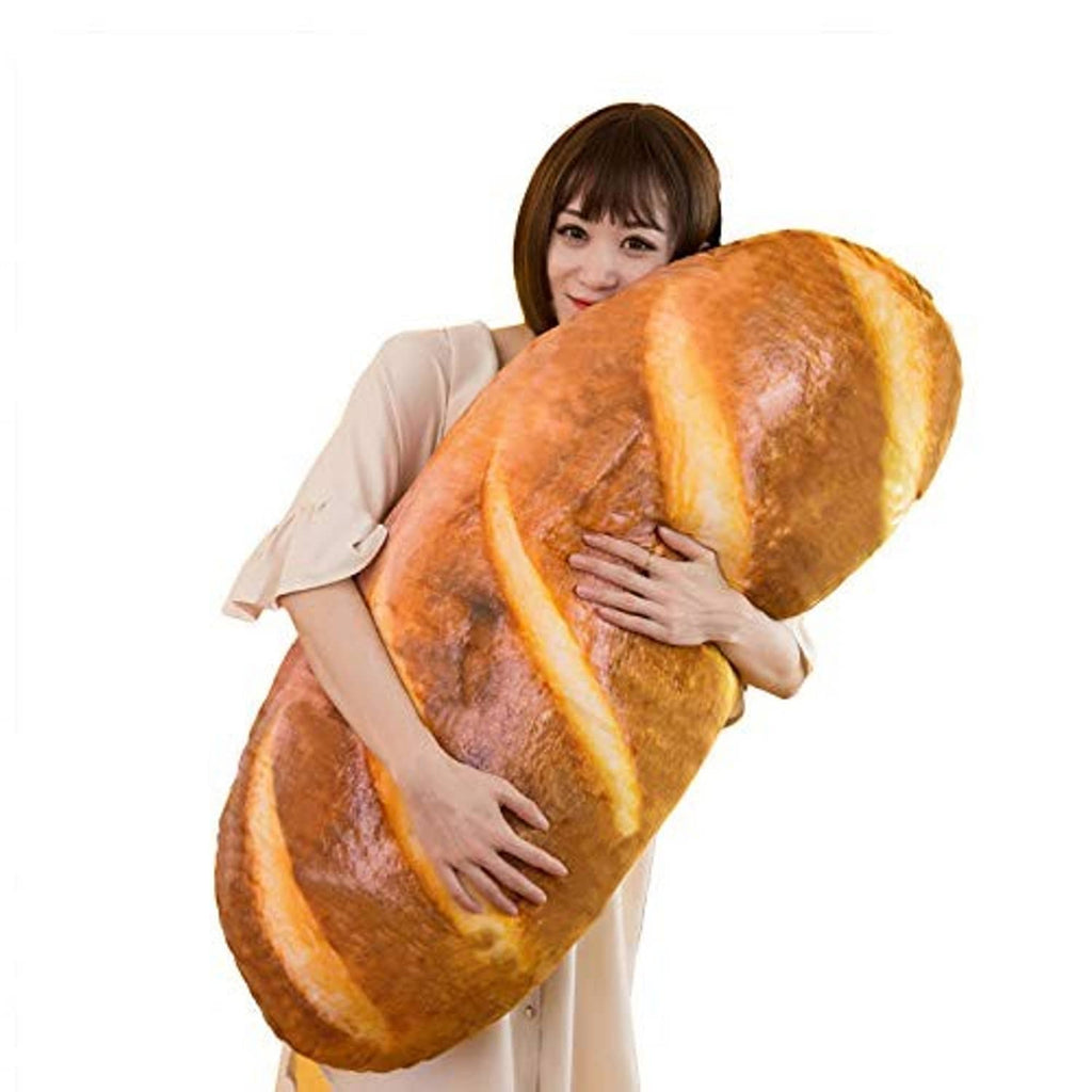 Loaf-shaped plush bread pillow, brown-orange with cream stripes, side view
