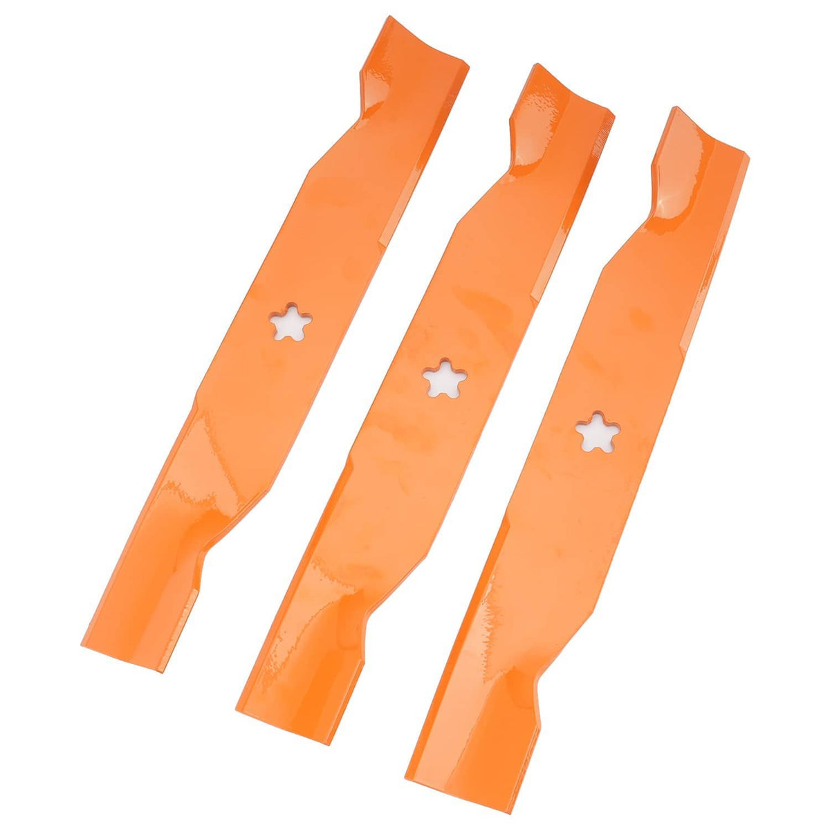 Three orange mower blades upright, each with star-shaped mounting hole