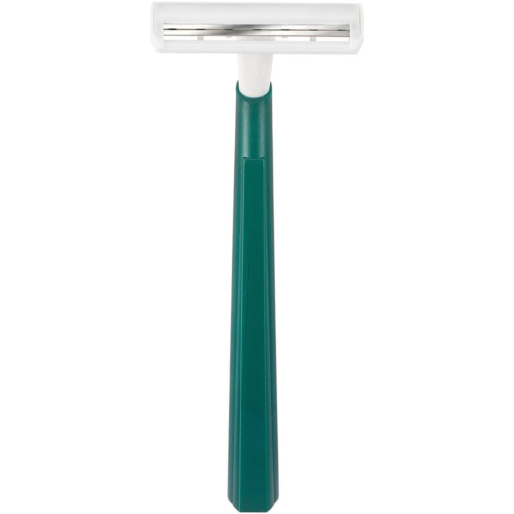 Disposable twin-blade razor with green handle and white blade cartridge head