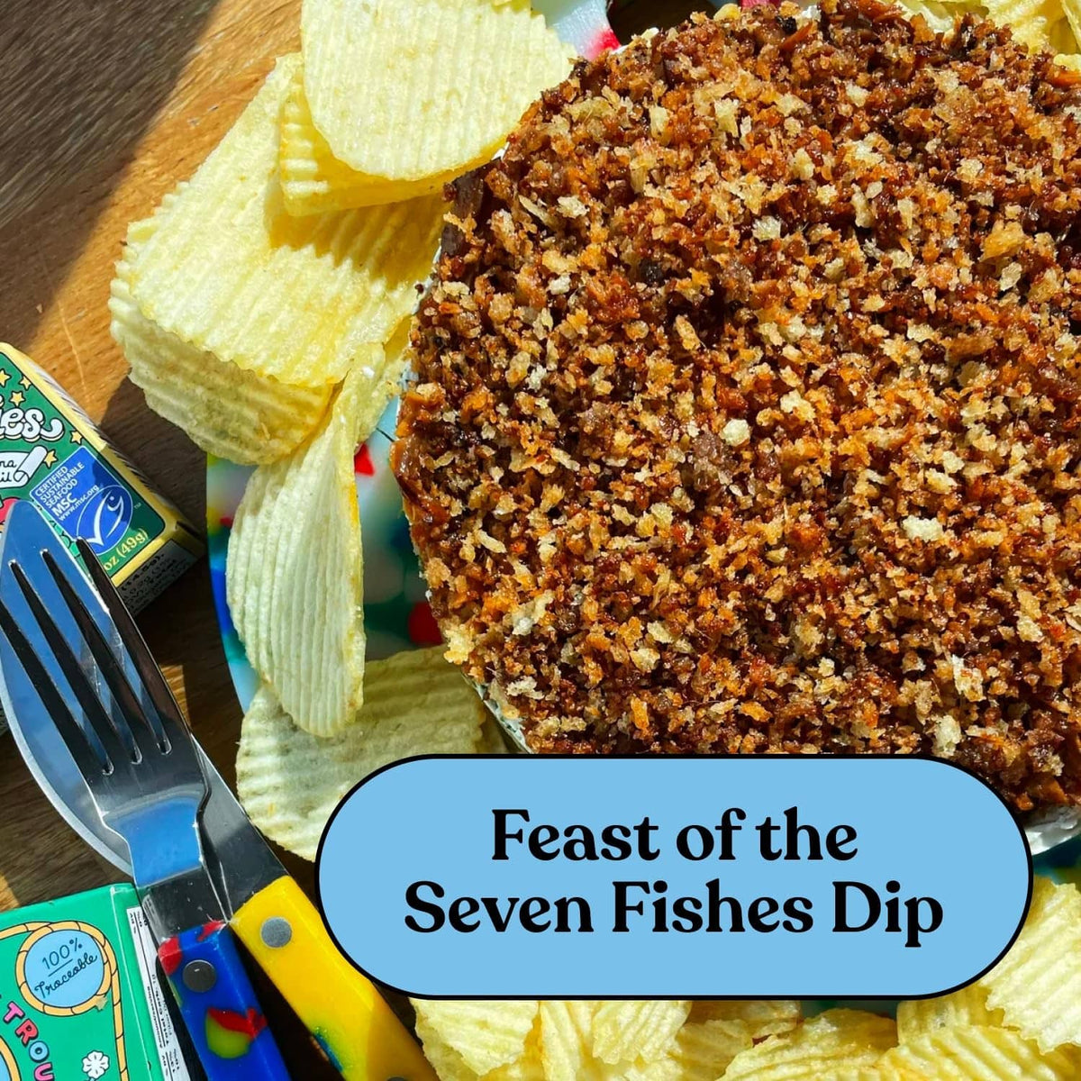 Feast of the Seven Fishes dip with Fishwife tins and crackers