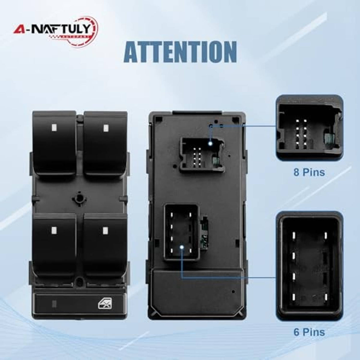 Power window switch assembly with black front switches and rear pin connector ports