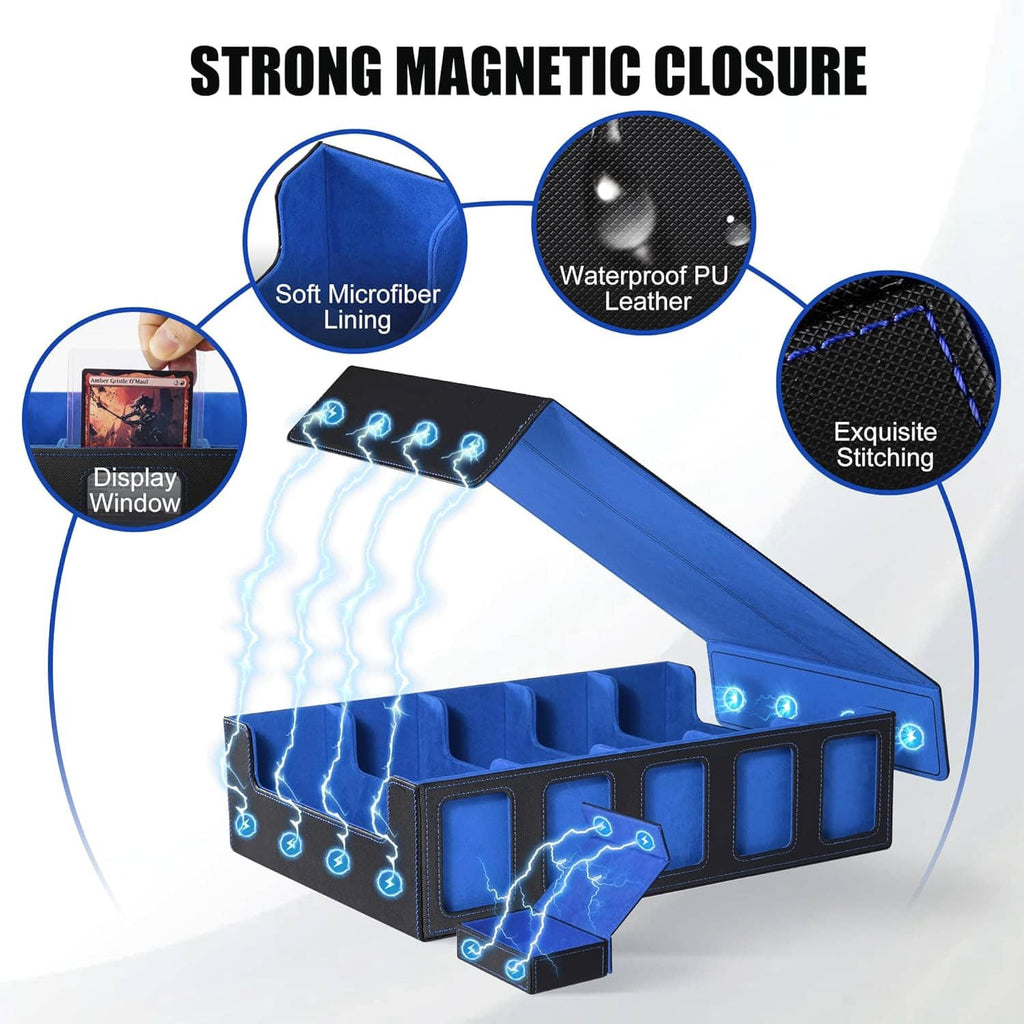 Blue trading card storage box with soft microfiber lining and strong magnetic closure
