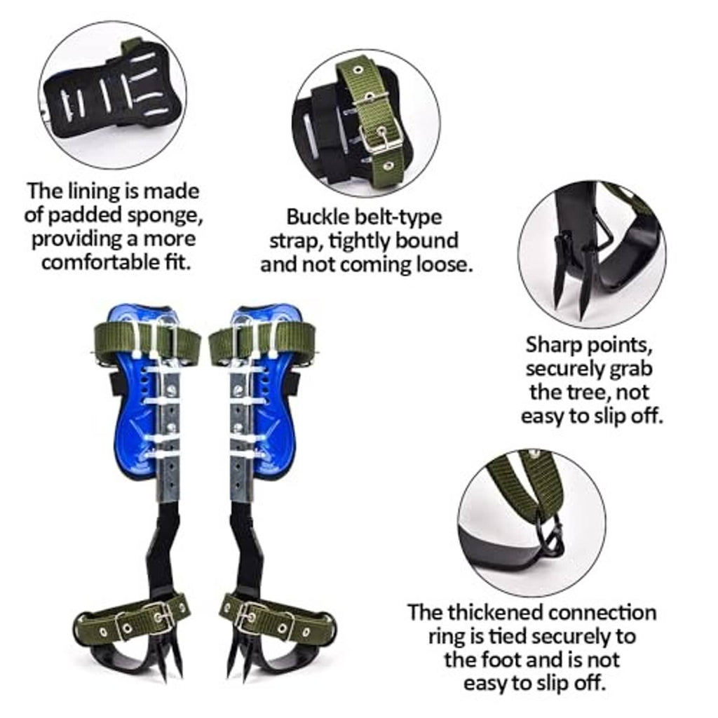 Pair of blue tree climbing spikes with green strap buckles and sharp metal points