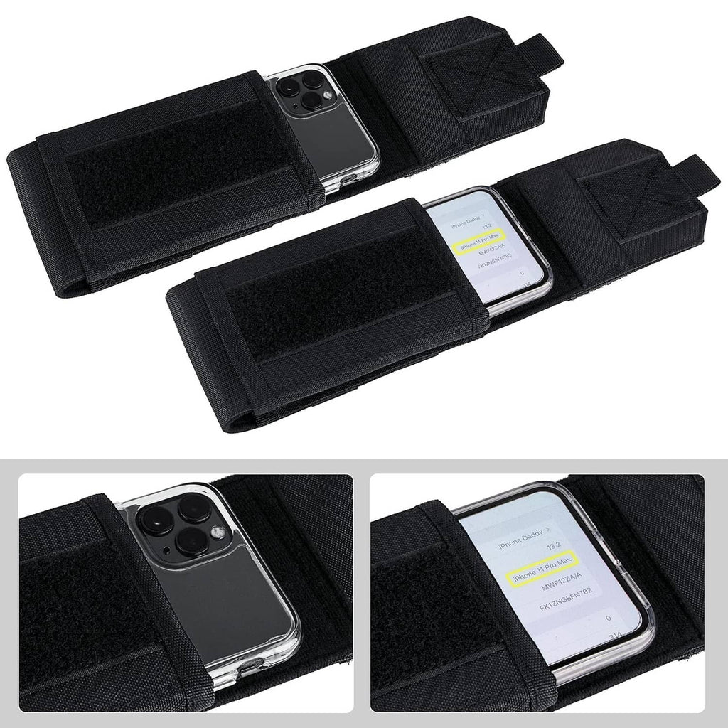 Black tactical phone holster pouch shown open, with protective inner slots