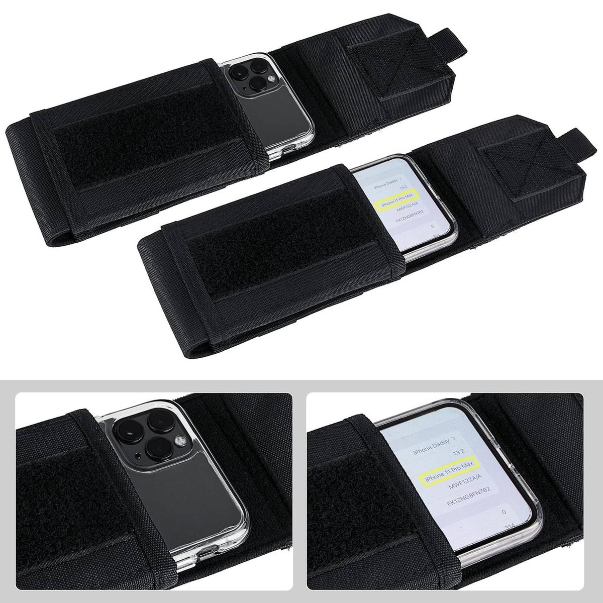 Black tactical phone holster pouch shown open, with protective inner slots
