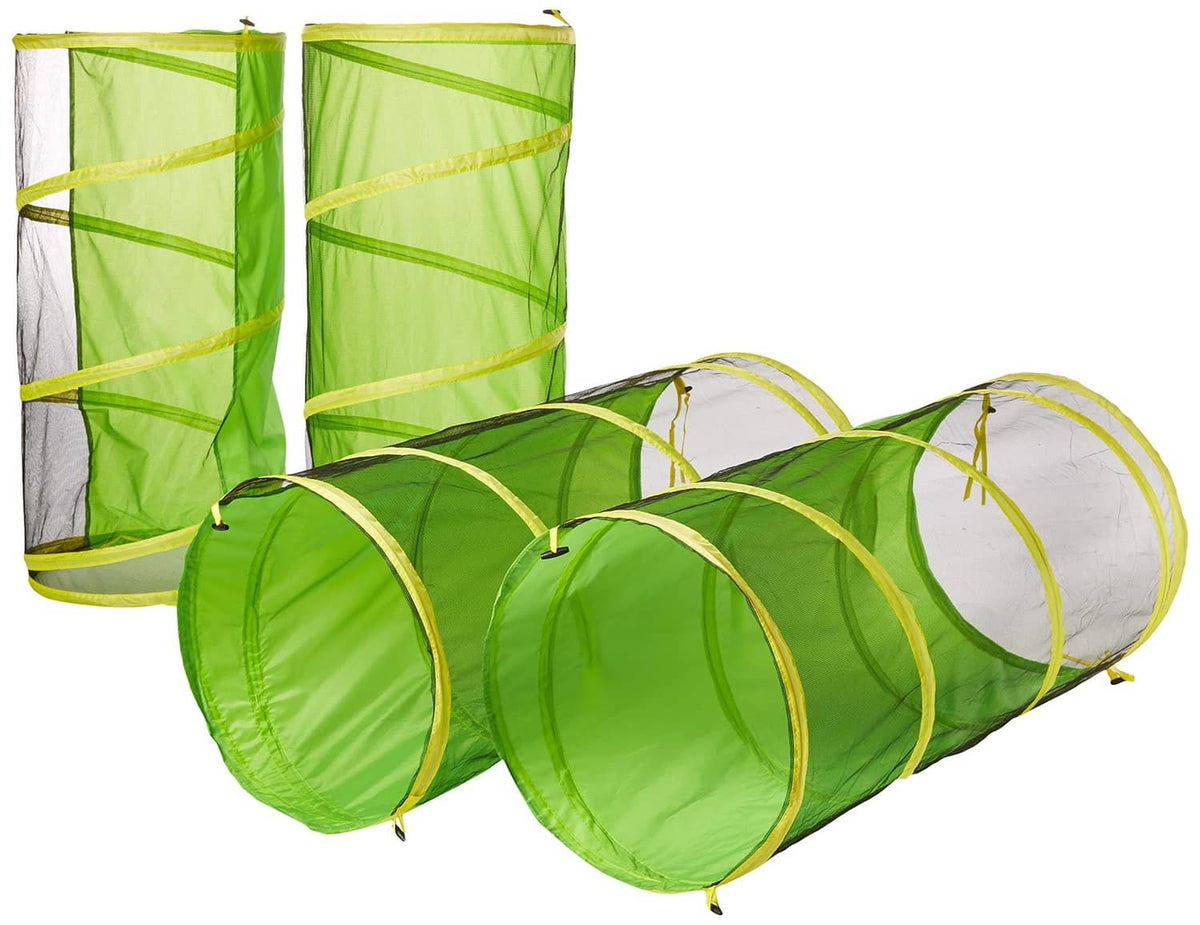 Green mesh tunnel play tent with arched entrances and fabric side panels