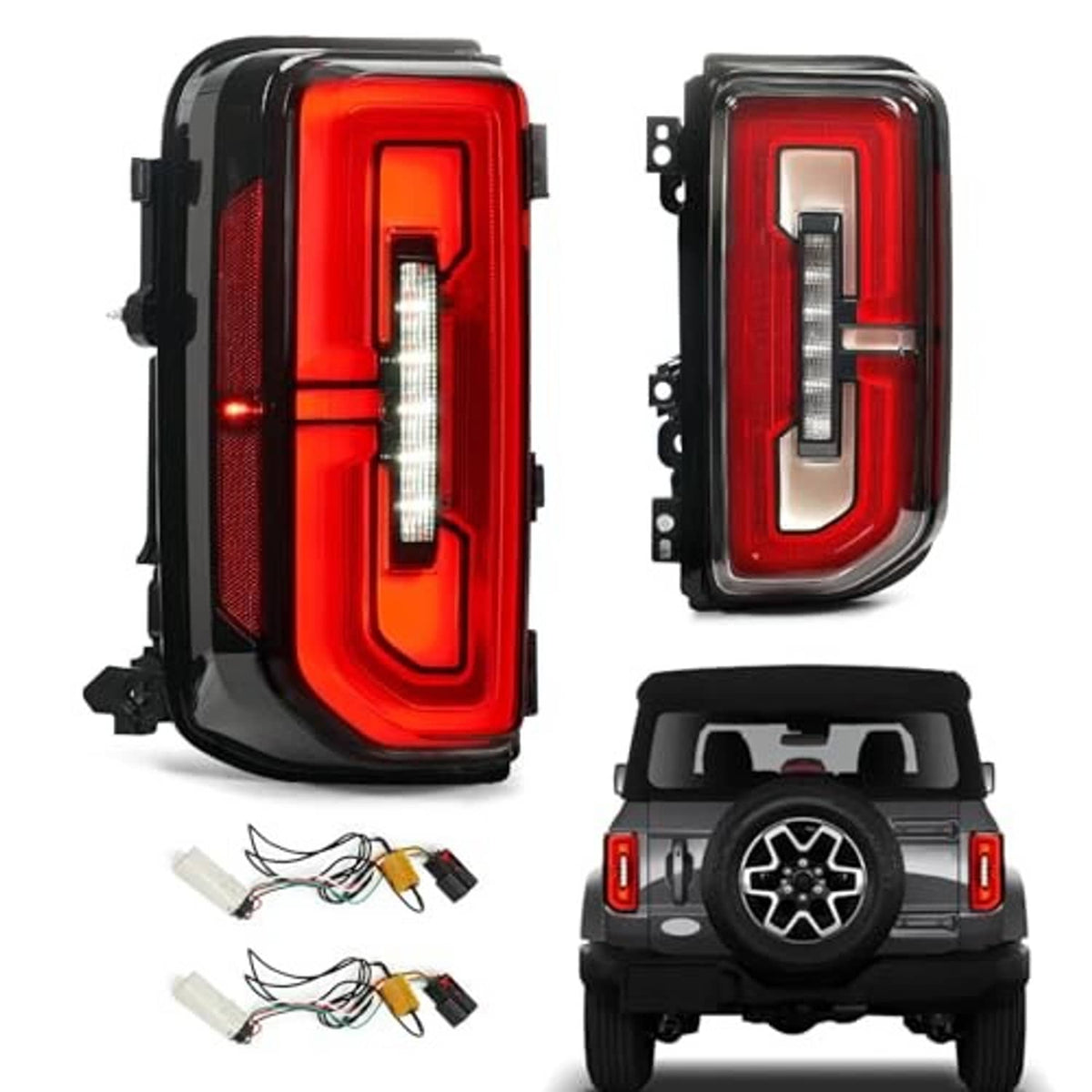 Red LED tail light pair with black frames and exposed internal components