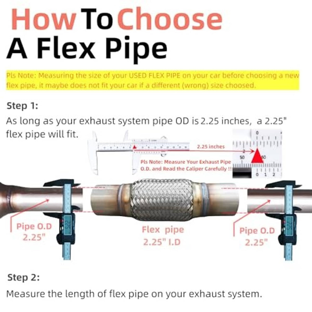Stainless flex exhaust pipe centered with flex section and measuring guide bars