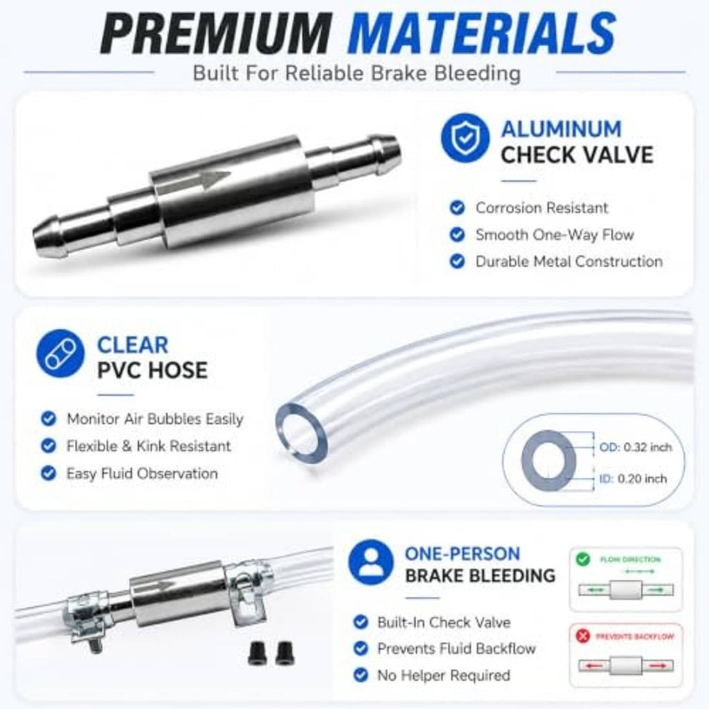 Brake bleeder kit components: aluminum one-way check valve and clear PVC hose