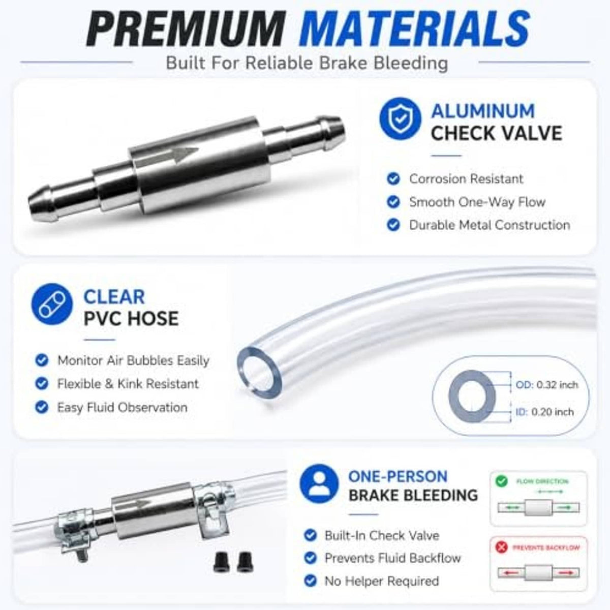 Brake bleeder kit components: aluminum one-way check valve and clear PVC hose