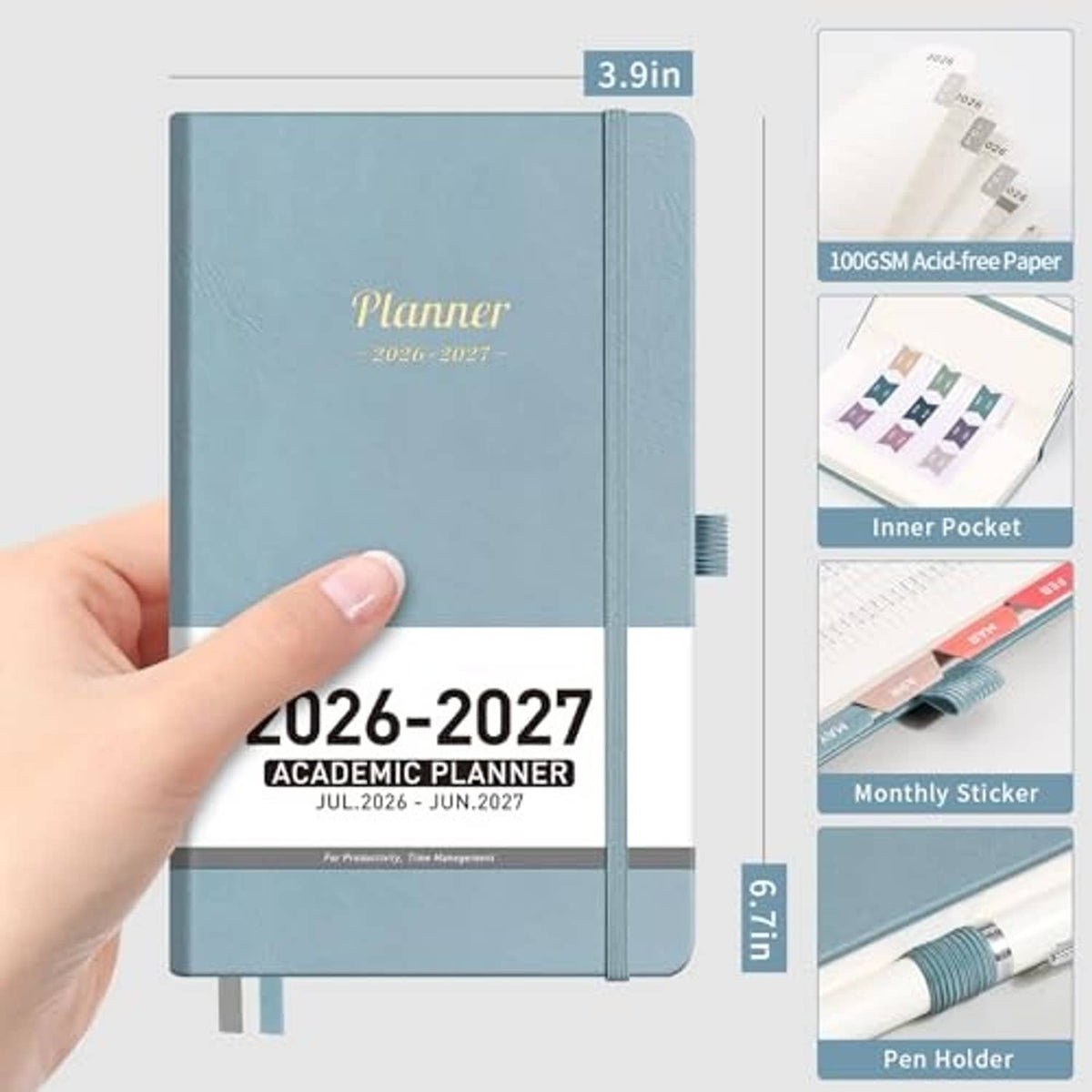Gray-blue academic pocket planner cover, size shown as 3.9 in, held in hand