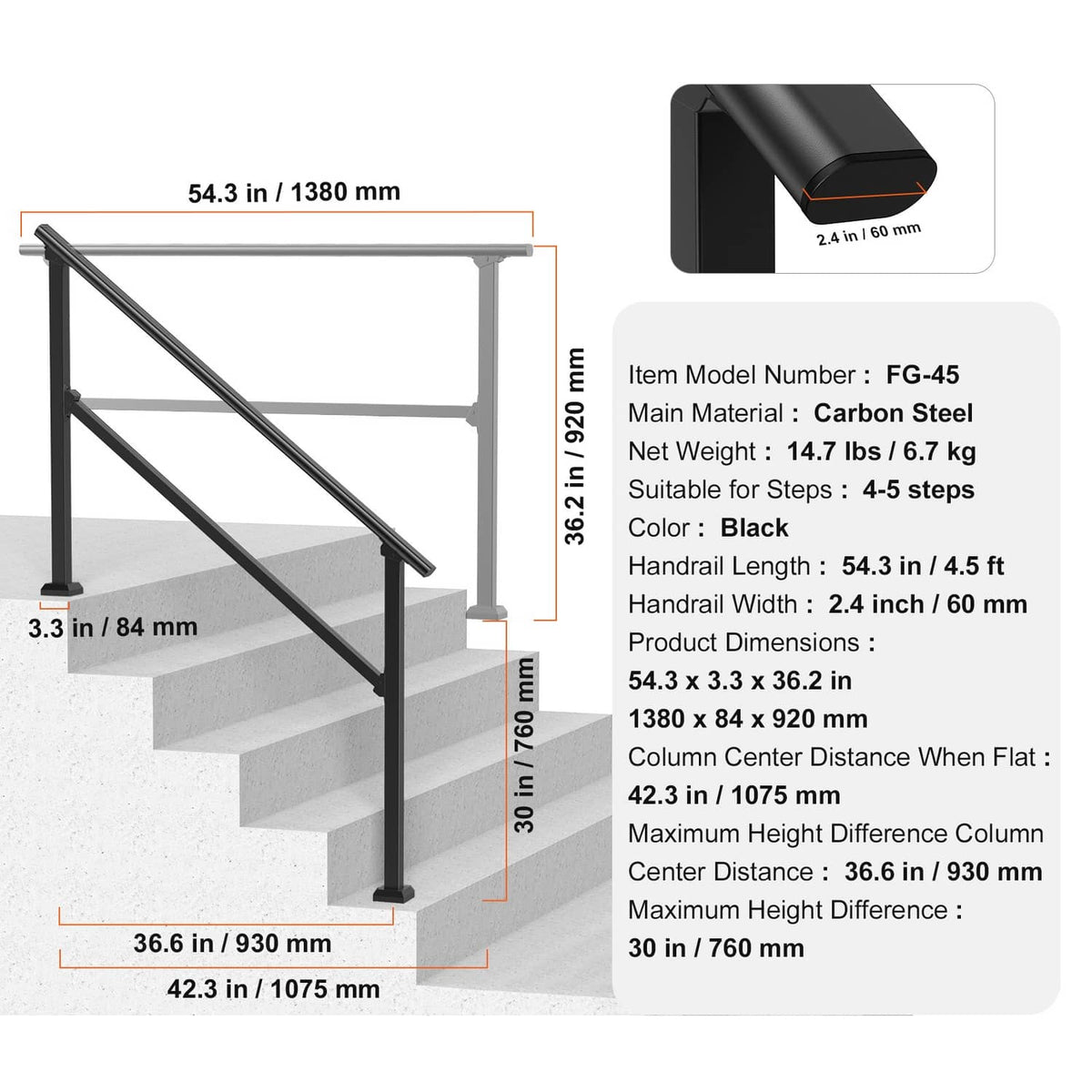 Black carbon steel stair handrail, 4–5 step adjustable rail with two posts