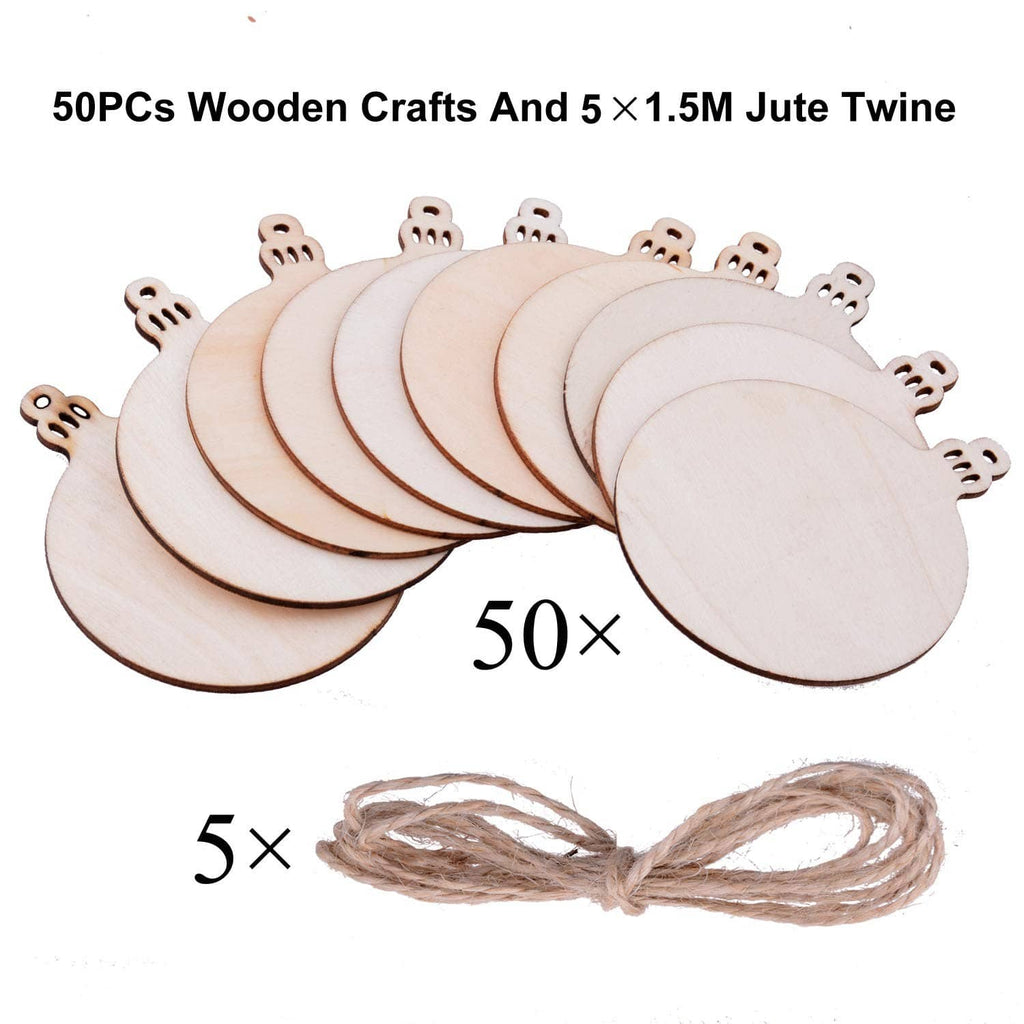 Set of 50 round wooden ornament blanks plus jute twine string for hanging