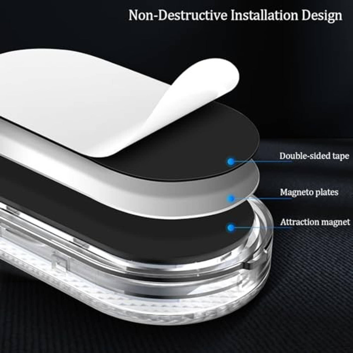 Oval car LED strip light with chrome edge and exposed adhesive and magnet layers
