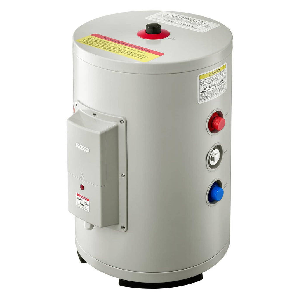 Compact 6-gallon electric water heater tank in light gray with safety valve and controls