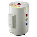 Compact 6-gallon electric water heater tank in light gray with safety valve and controls