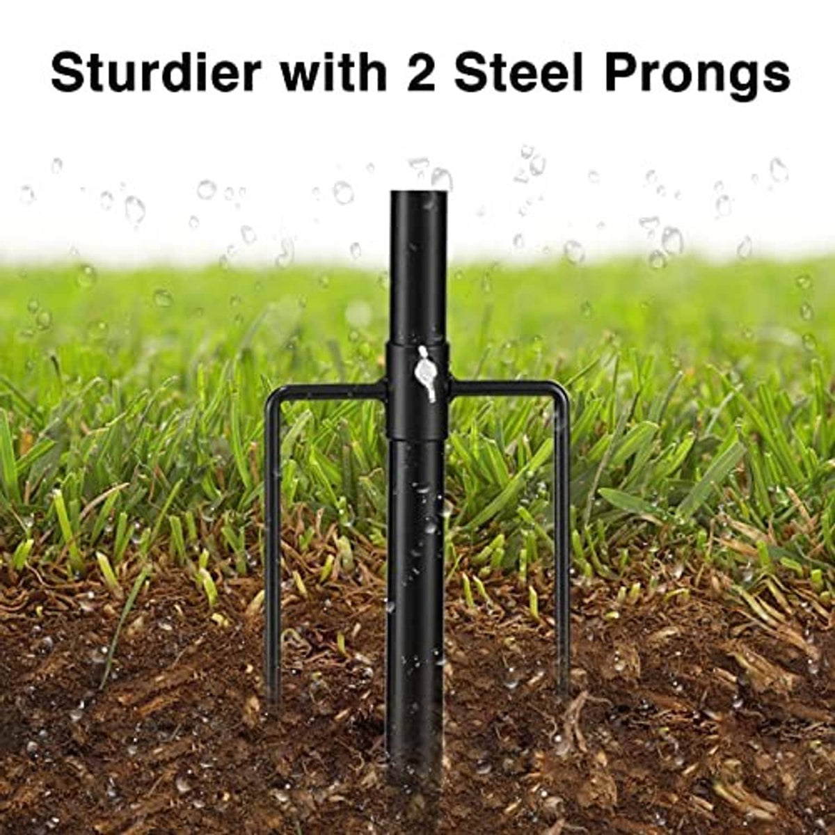 Black flag pole with two steel prongs base for outdoor mounting.