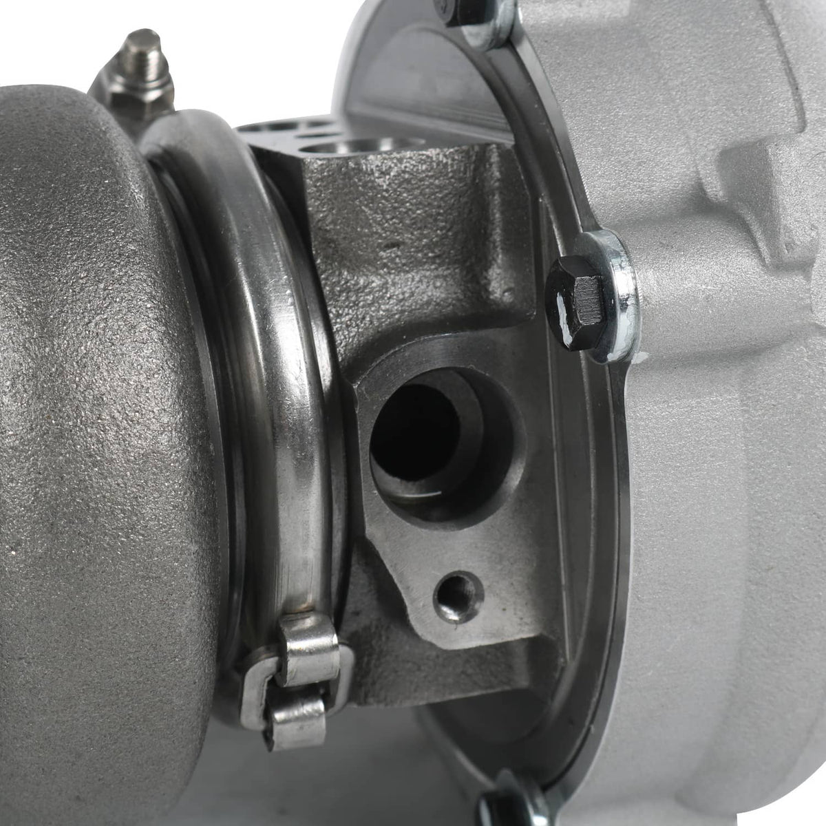 Turbocharger housing with circular port, fasteners, and bracket detail