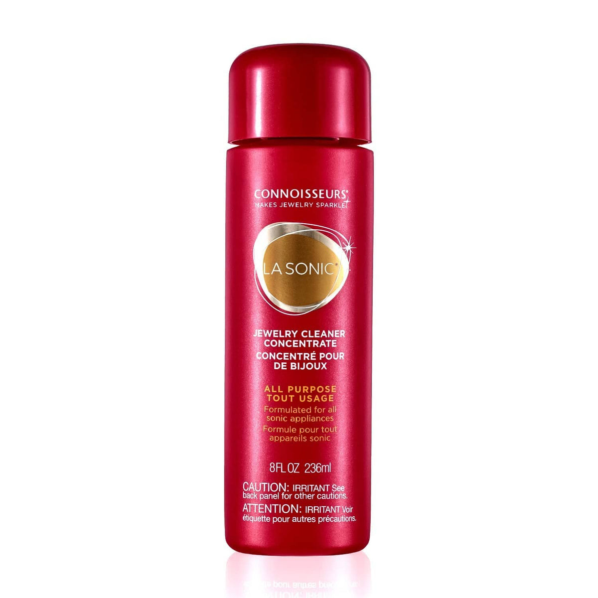 Red cylindrical jewelry cleaner concentrate bottle with gold emblem and cap