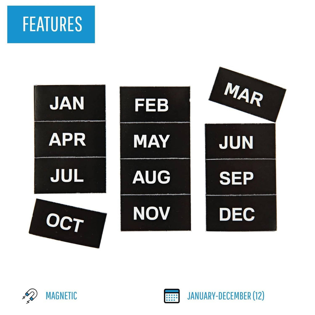 Black magnetic month label accessories with JAN–DEC on separate blocks