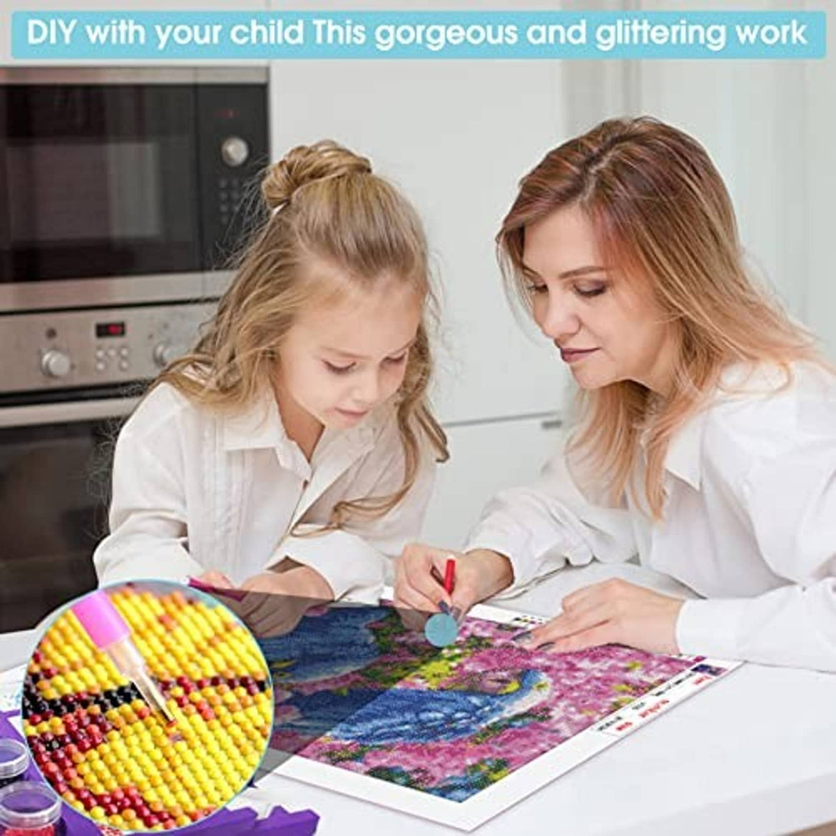Mother and child crafting a diamond painting together over a colorful fish design