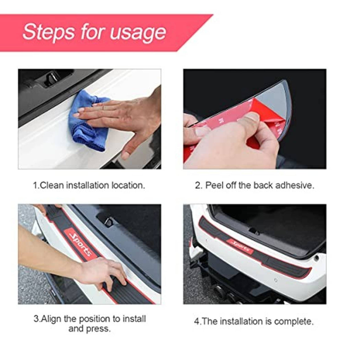 Universal rear bumper guard protector with black rubber plate and red trim for rear bumper