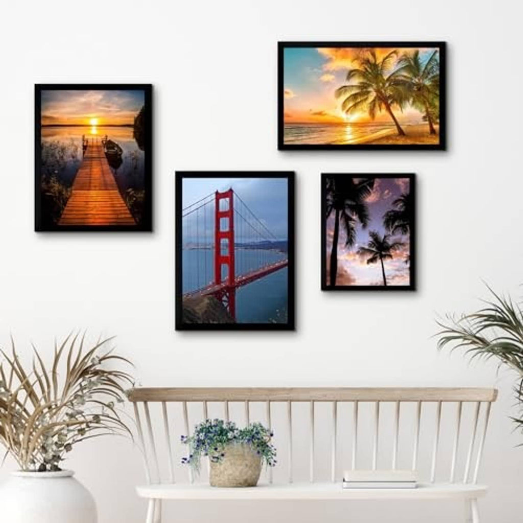 Group of black wall picture frames featuring a 12x16 Golden Gate Bridge print.