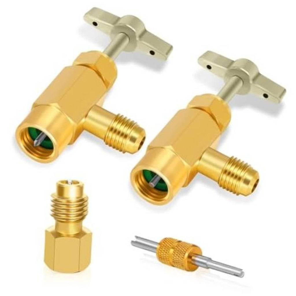 Brass self-sealing can tap fitting with puncture tool, threaded ports, and hex handle