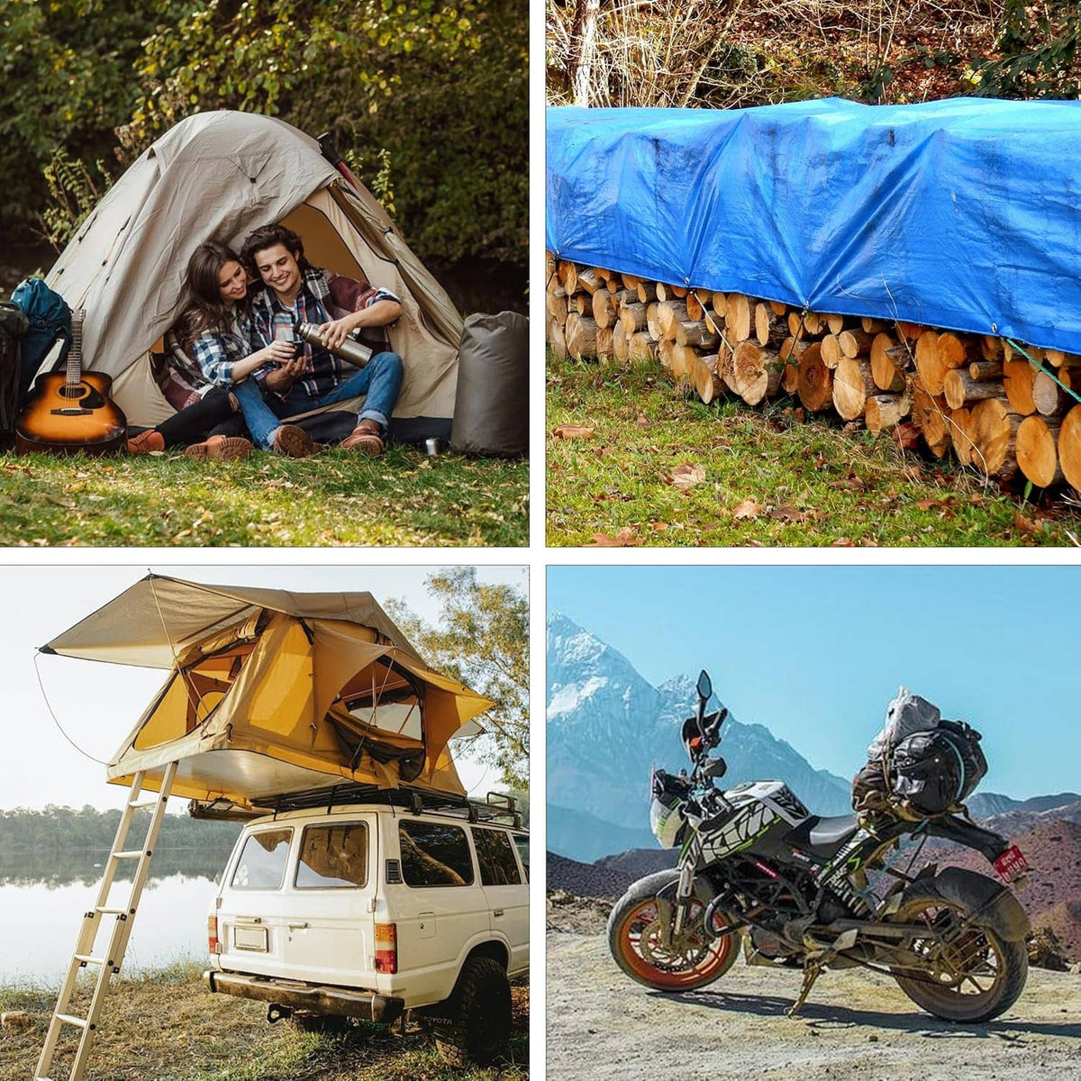 Bungee cords securing a blue tarp over stacked firewood outdoors