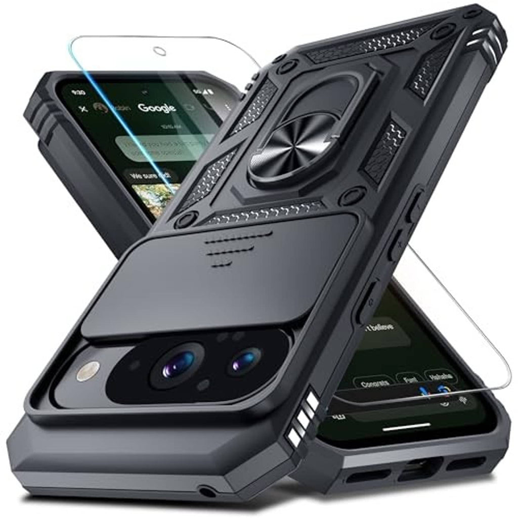 Black rugged Google Pixel 10/10 Pro case with rotating ring grip and camera slide cover