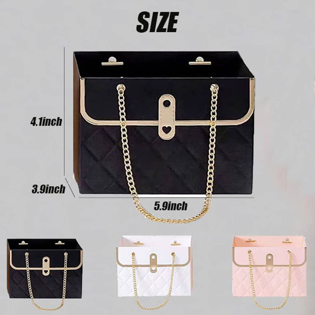 Black quilted paper bouquet bag with gold chain handles and heart keyhole front clasp