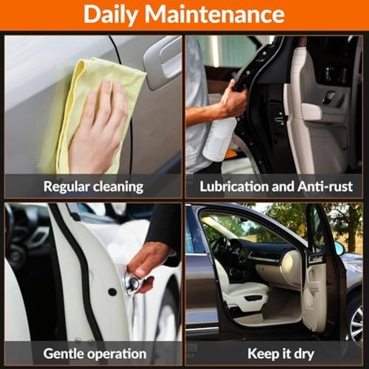Door lock actuator maintenance shown with door and hands near latch for cleaning and lubrication