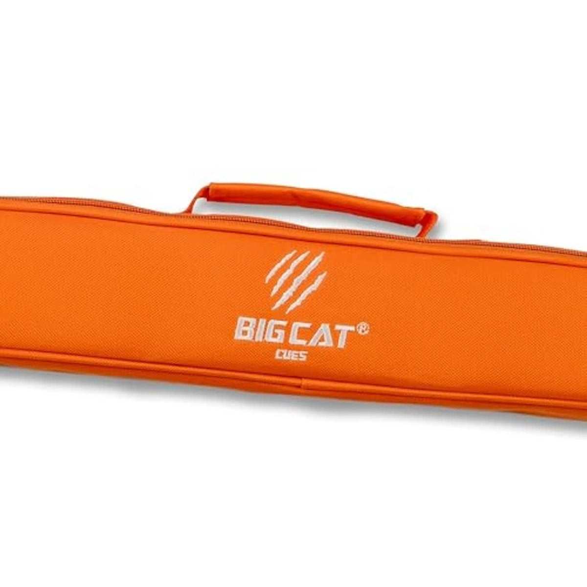 Orange cue case front with BIGCAT CUES logo and carrying strap
