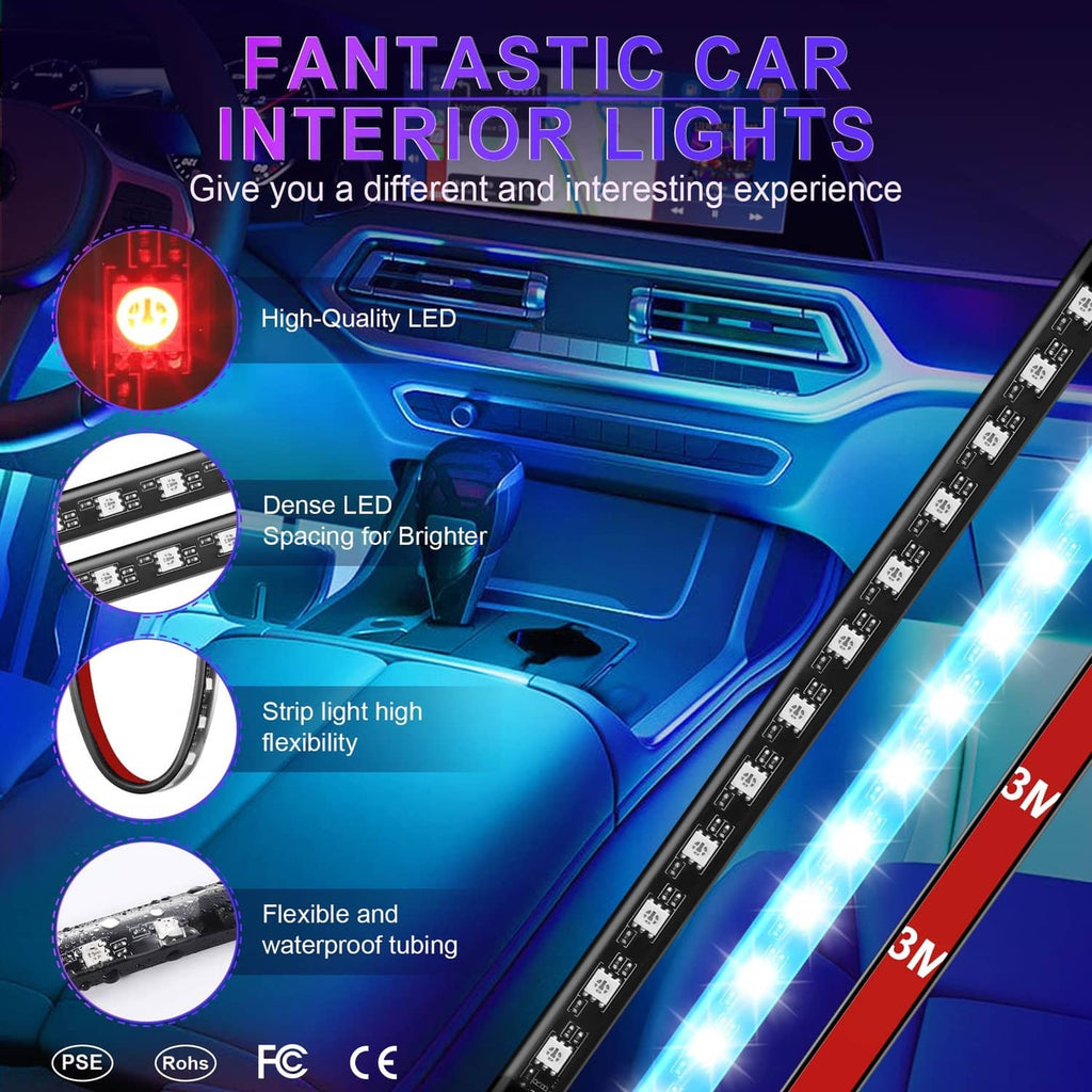 RGB LED interior light strips glowing blue and red along dashboard