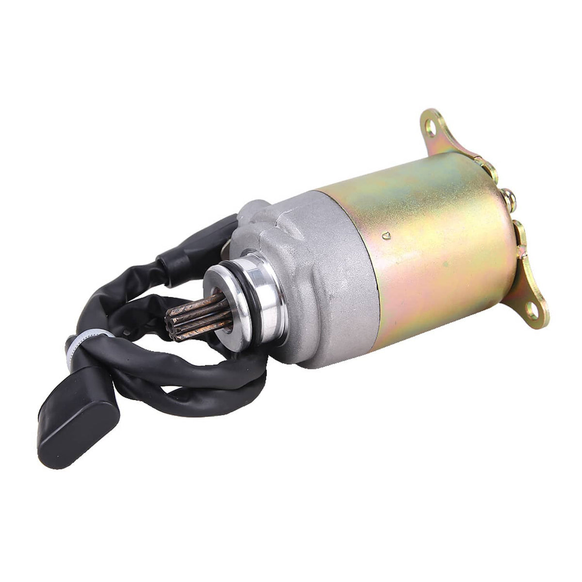 Starter motor with black harness and iridescent cylinder, angled rear view