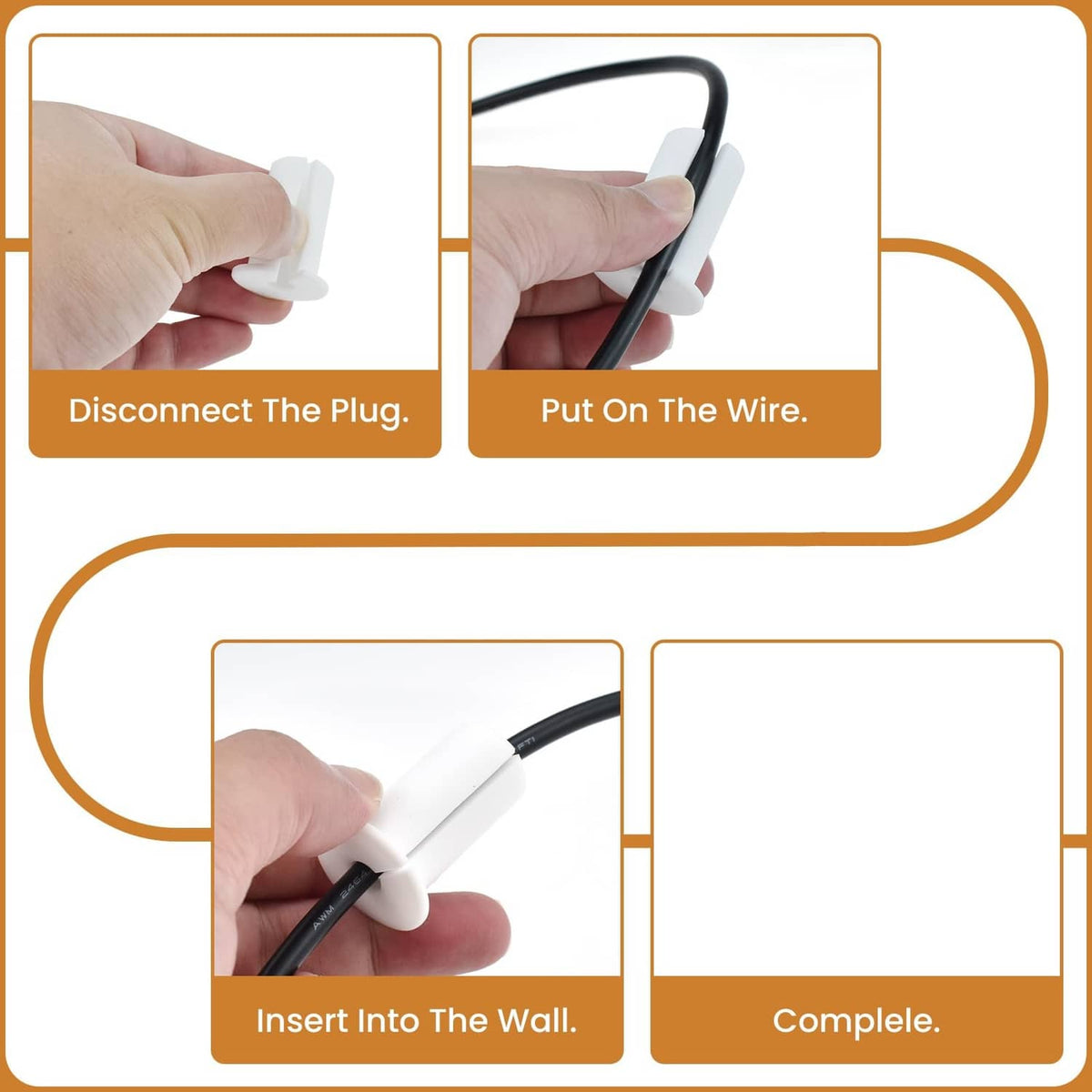 White cable pass-through grommet with a black cord threaded through a wall opening