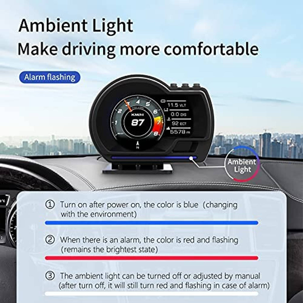 Black OBD+GPS HUD gauge on dashboard with blue accent line and circular speed dial