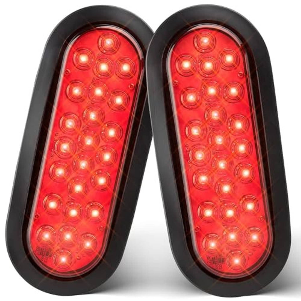 Two oval red LED trailer tail lights with black housings and bright 24-LED arrays