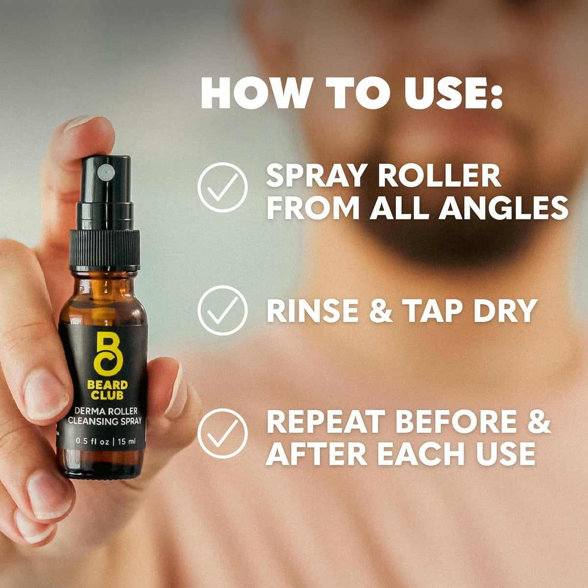 Amber cleansing spray bottle with pump nozzle for derma roller use