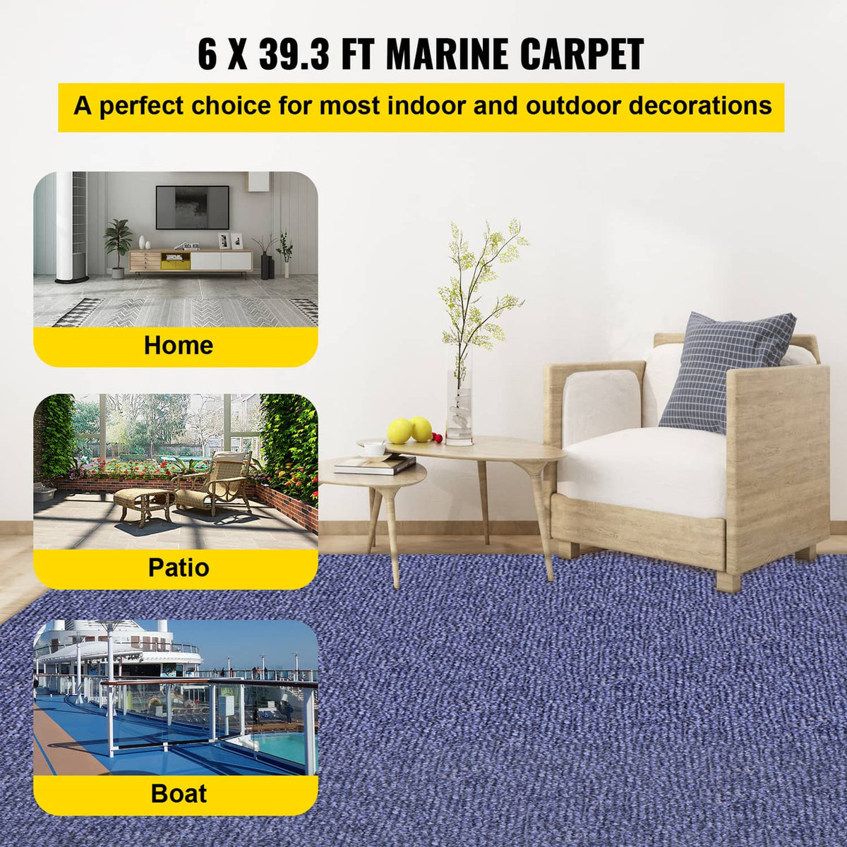 Blue marine cut pile carpet runner in home setting, rolled edge visible
