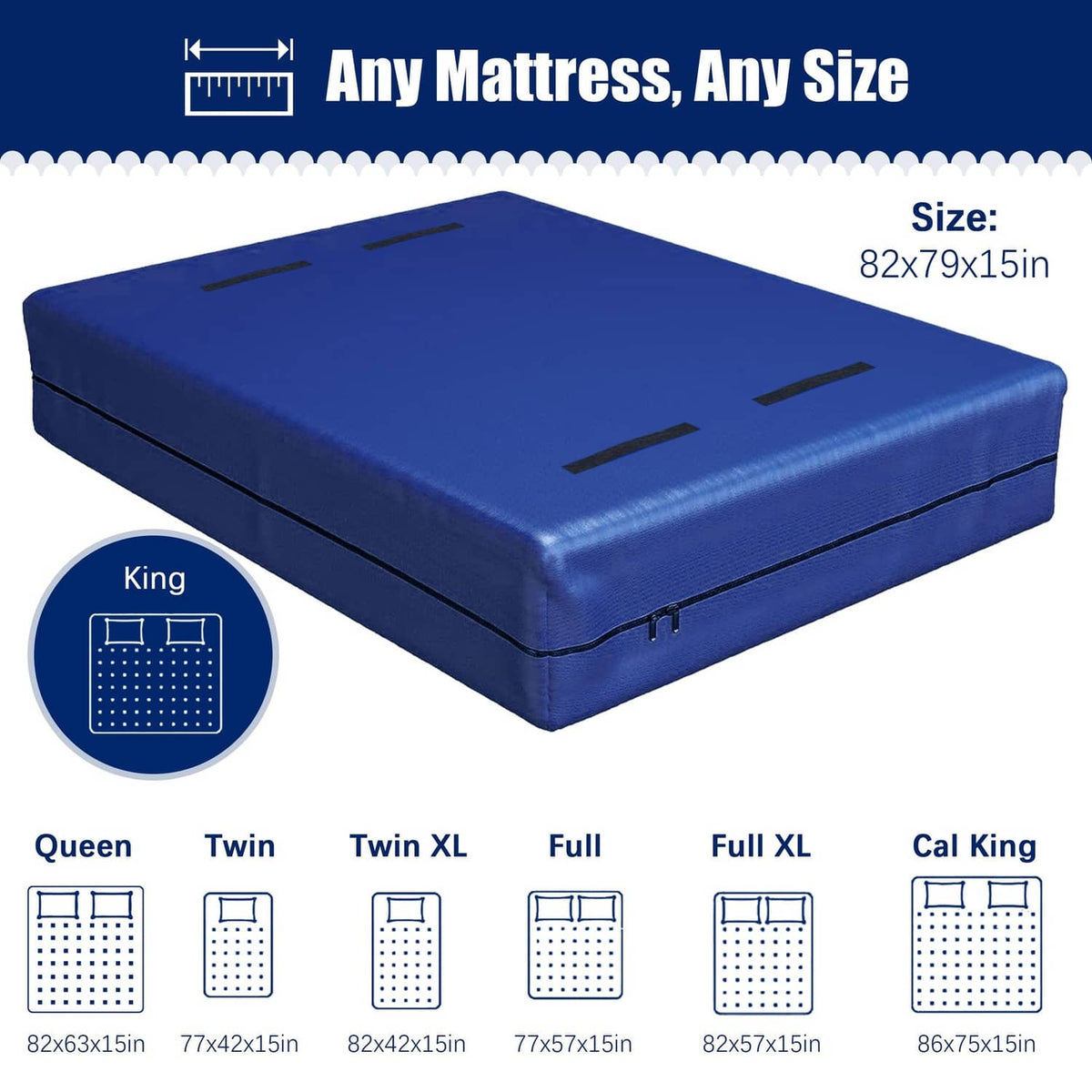 Blue king mattress moving bag with zipper and black handle tabs