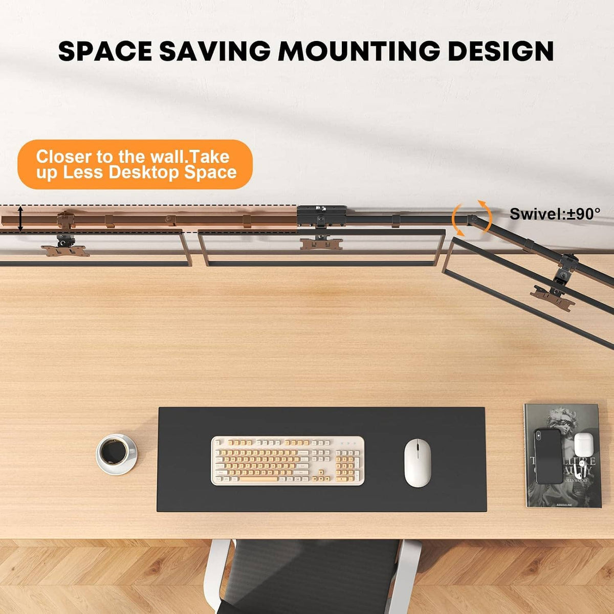 Triple monitor wall mount attached to desk setup with swivel mechanism and near-wall clearance