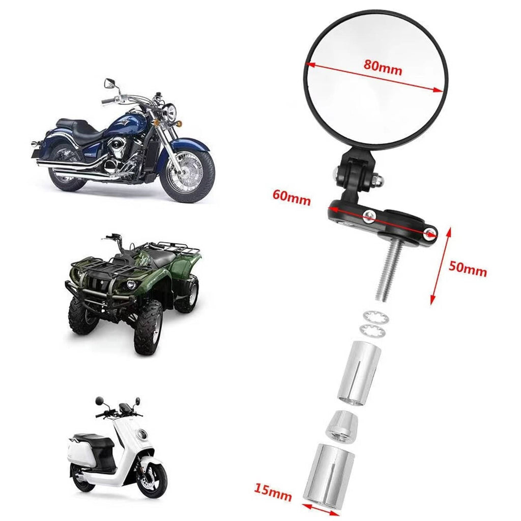 Round bar-end rear-view mirror with adjustable spring mount hardware and measured sizes