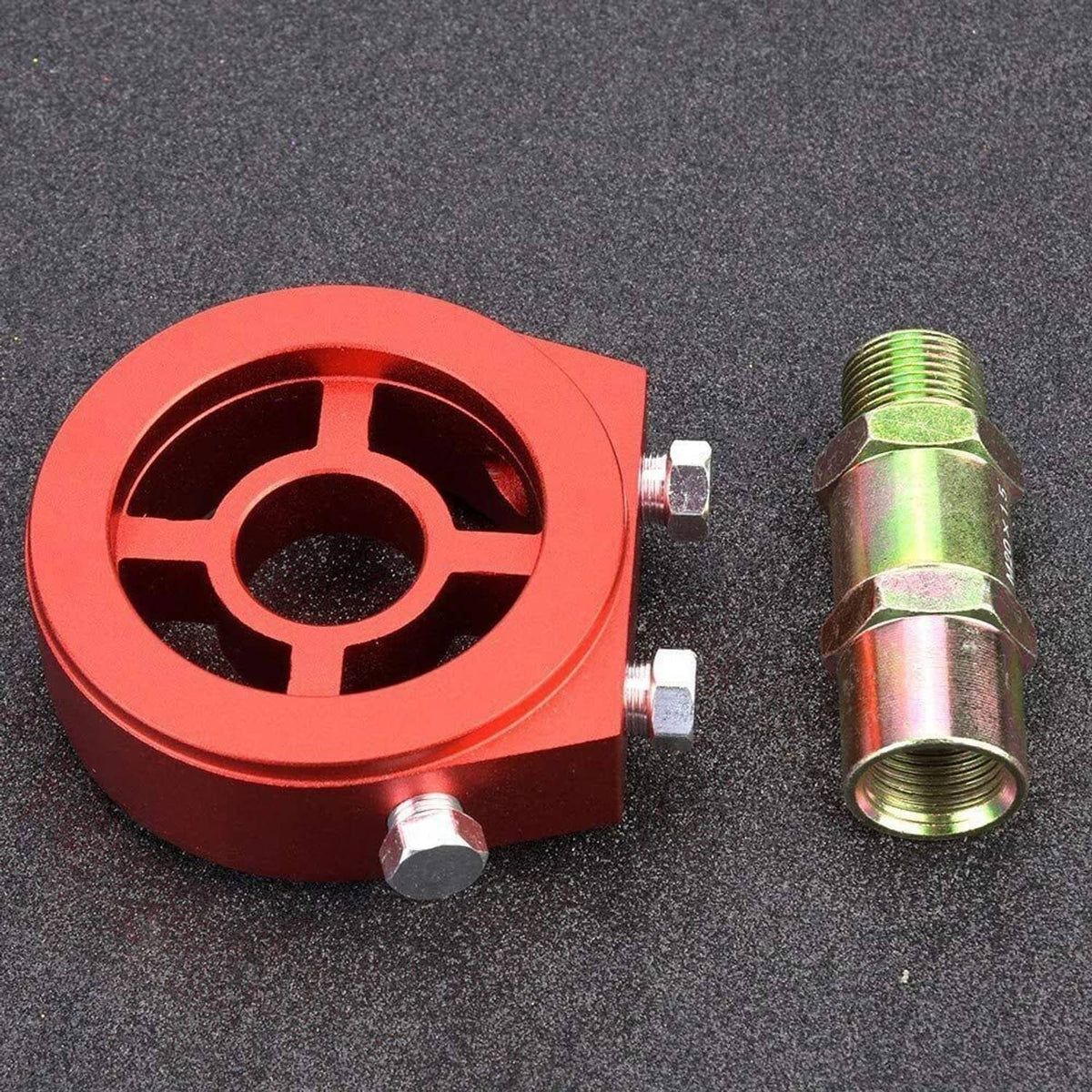 Red aluminum adapter plate and included rainbow zinc fittings with threaded ends